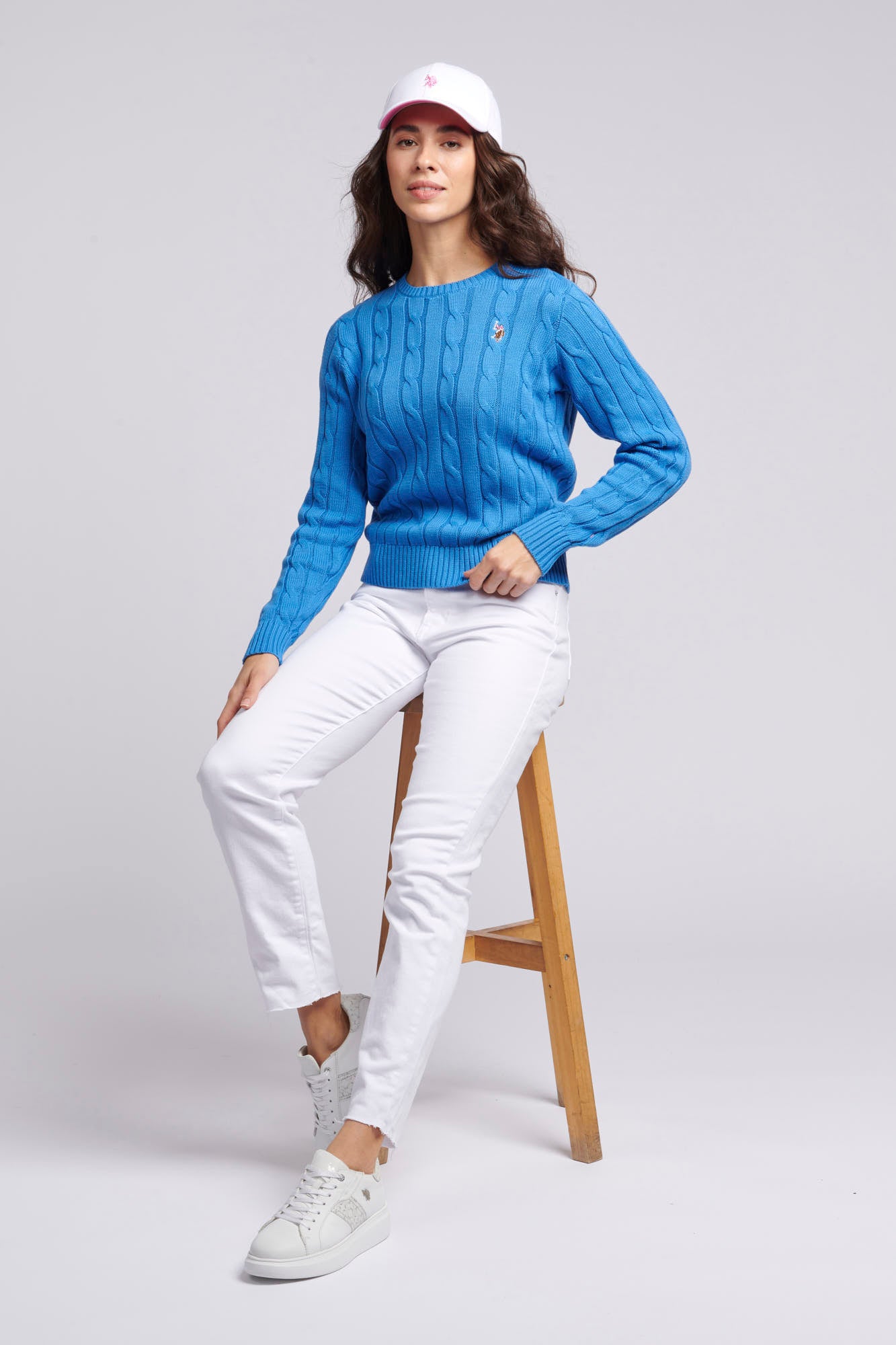 Women’s Cable Knit Crew Neck Jumper in Regatta Blue