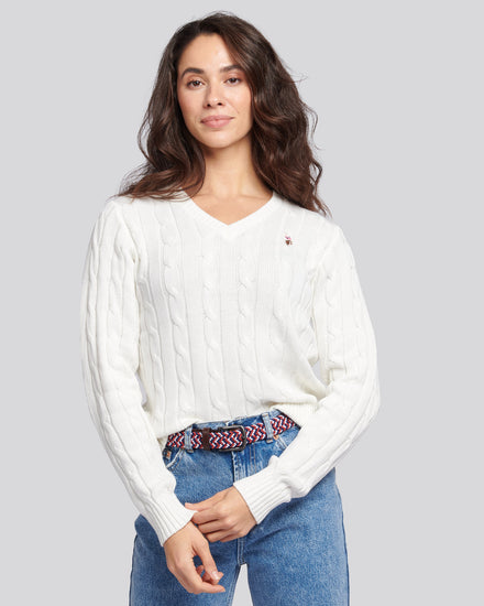 Womens V-Neck Cable Jumper Marshmallow
