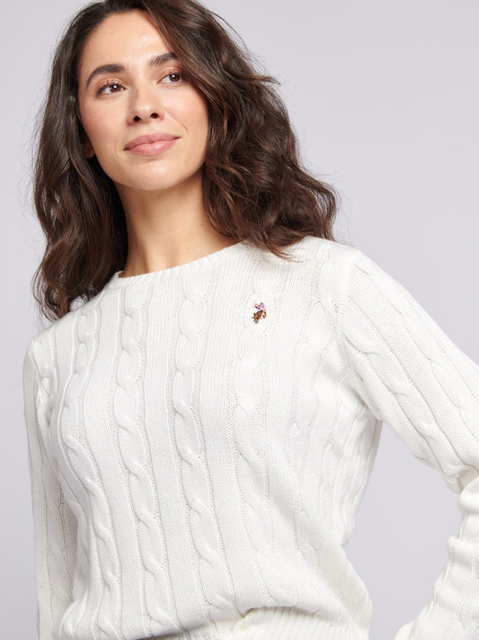 Women's Crew Neck Cable Jumper in Marshmallow – cable knit and embroidery detail