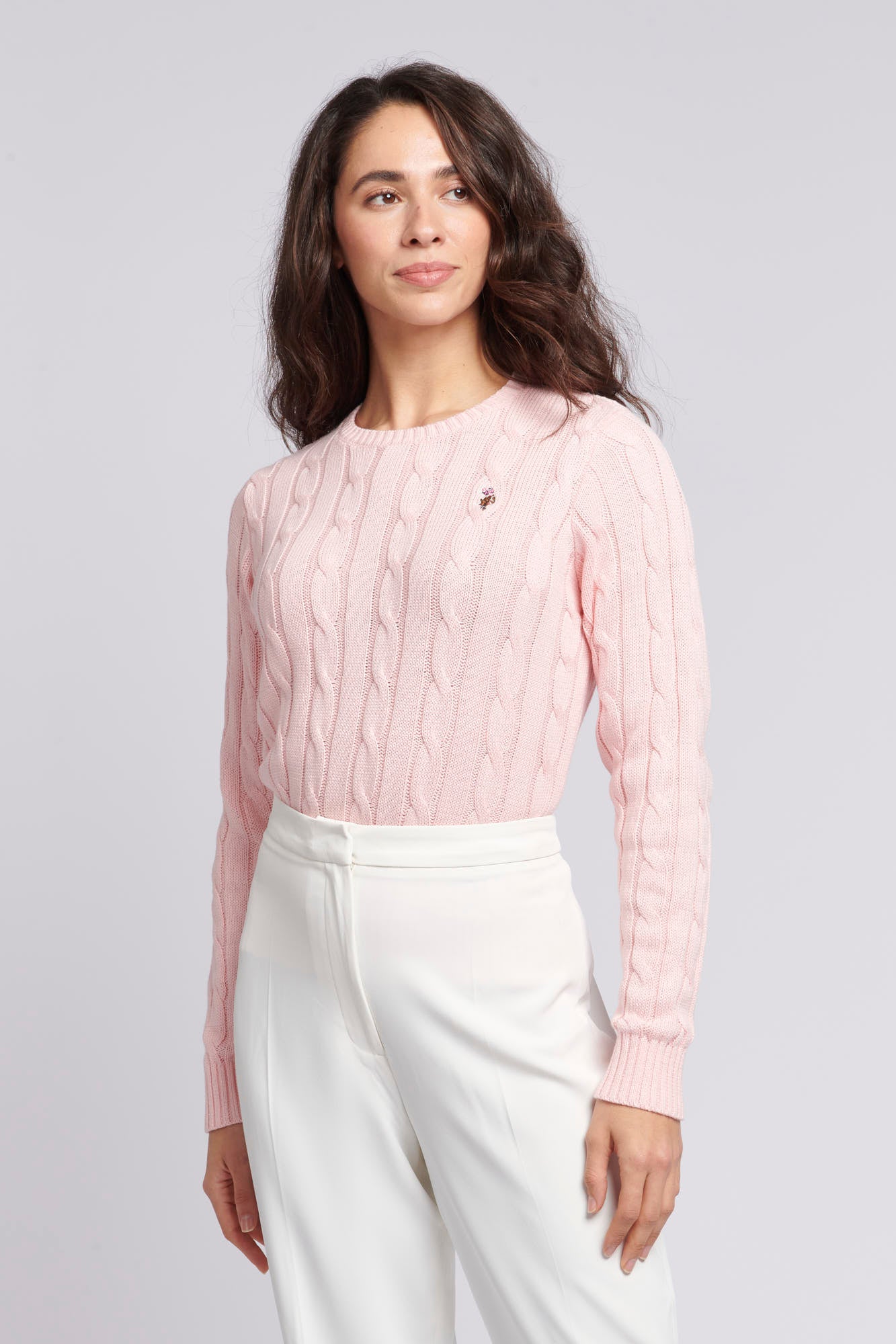 Women’s Cable Knit Crew Neck Jumper in Crystal Rose