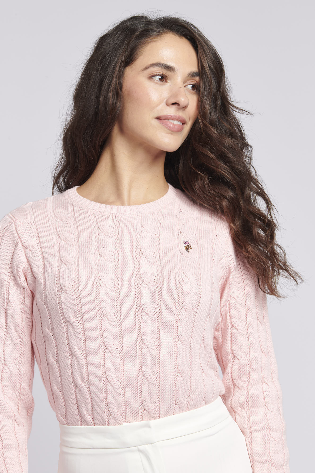 Women’s Cable Knit Crew Neck Jumper in Crystal Rose