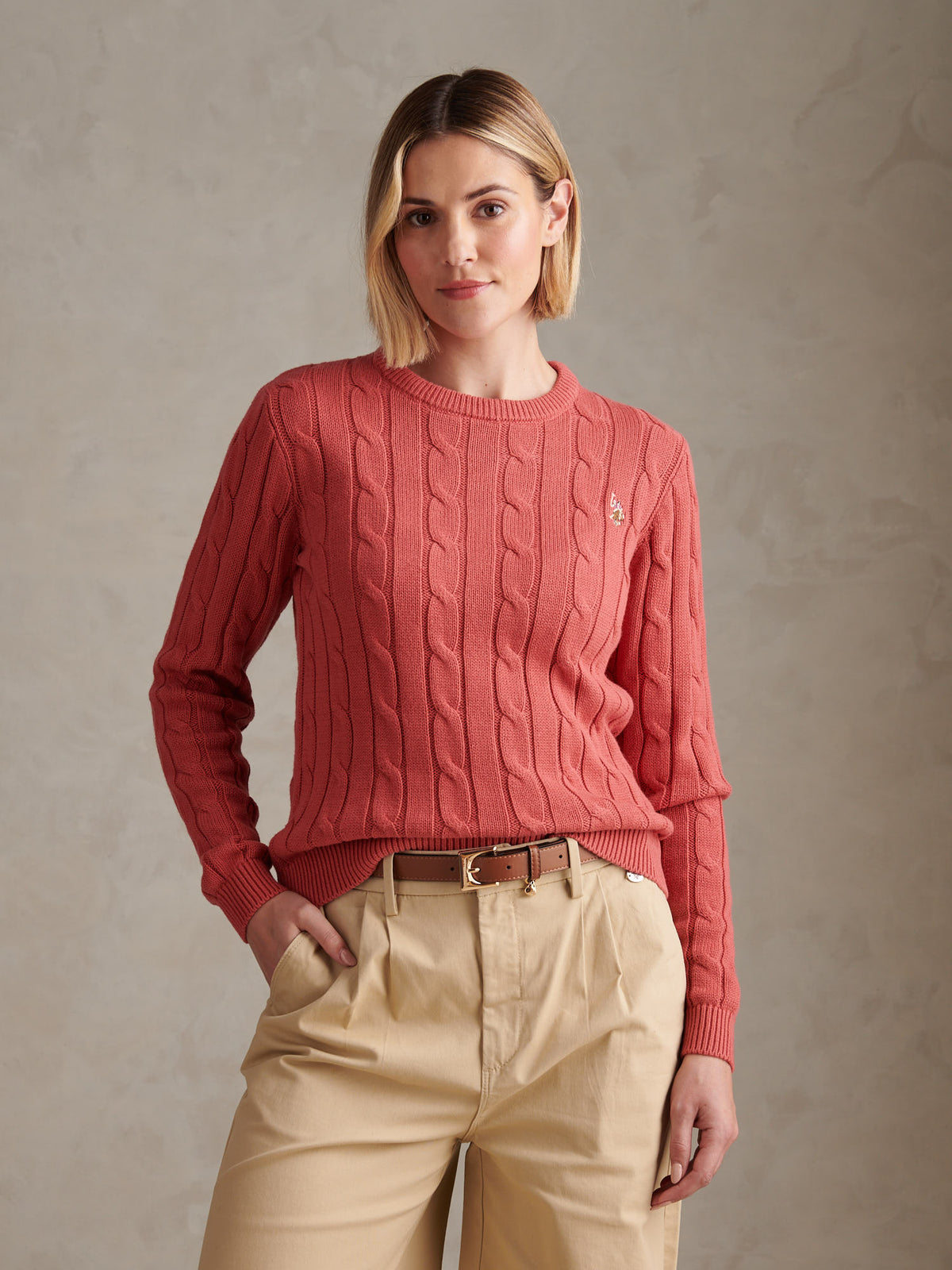 Womens Crew Neck Cable Jumper Mineral Red