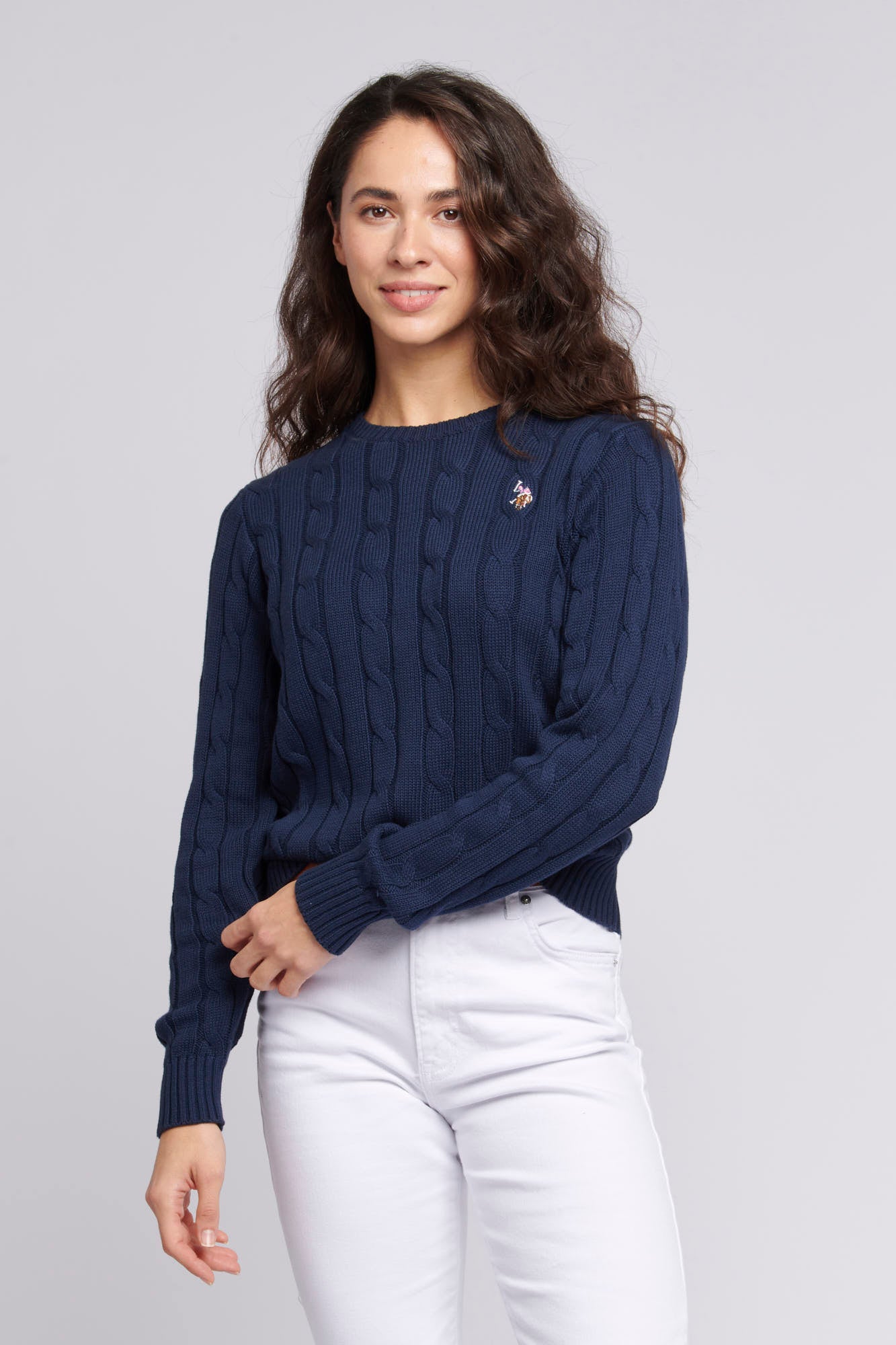 Women’s Cable Knit Crew Neck Jumper in Navy Iris