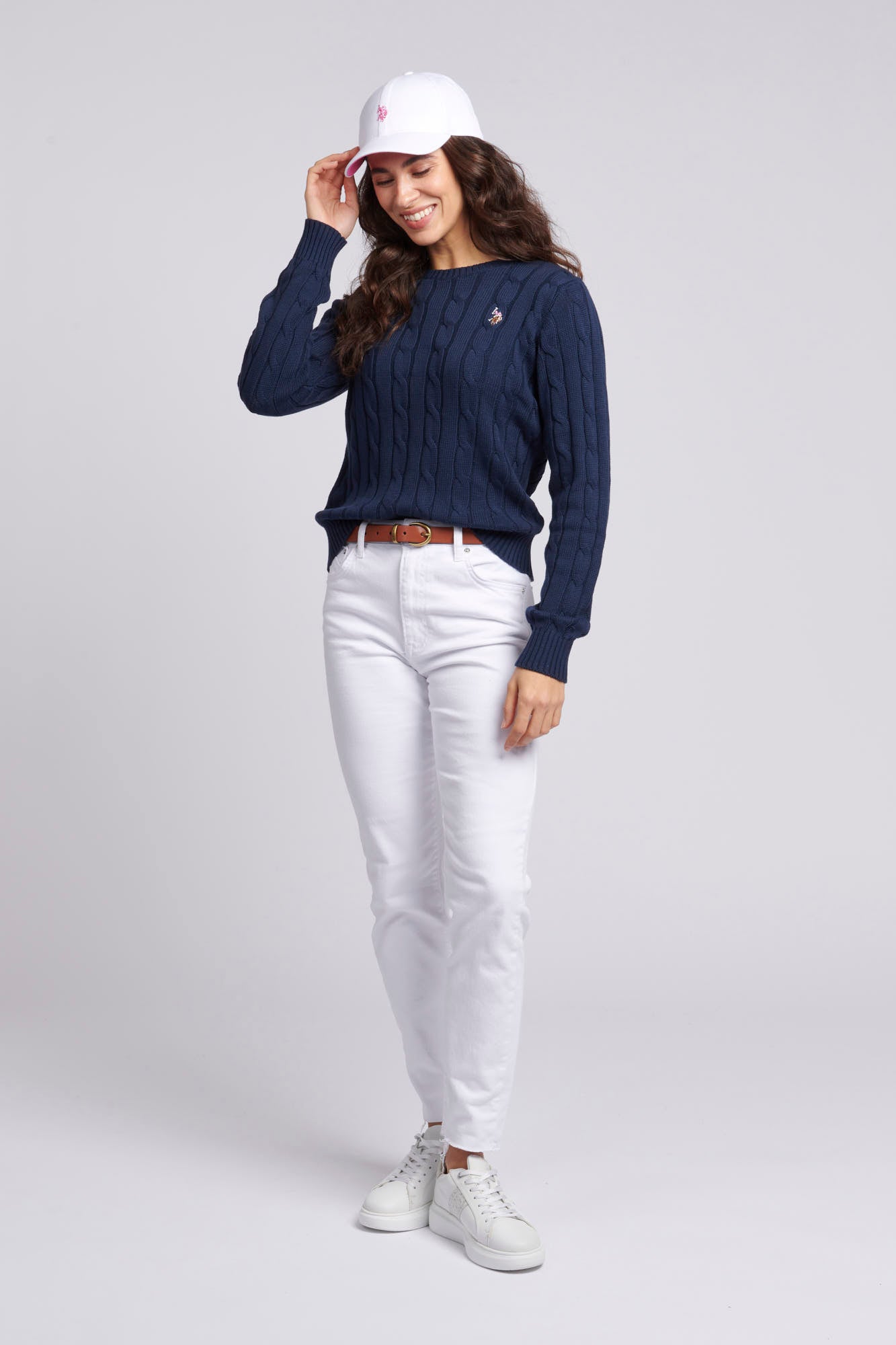 Women’s Cable Knit Crew Neck Jumper in Navy Iris