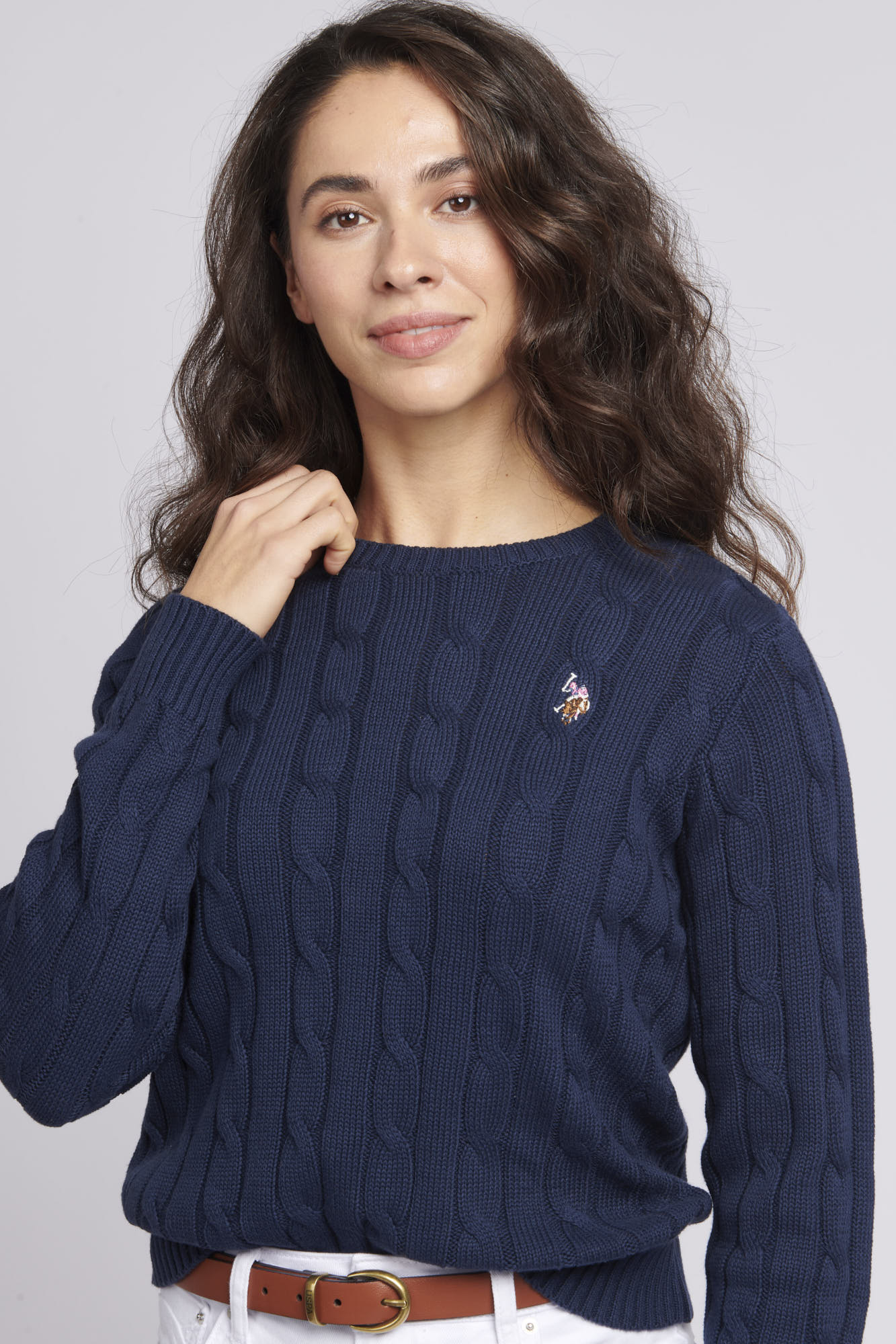 Women’s Cable Knit Crew Neck Jumper in Navy Iris