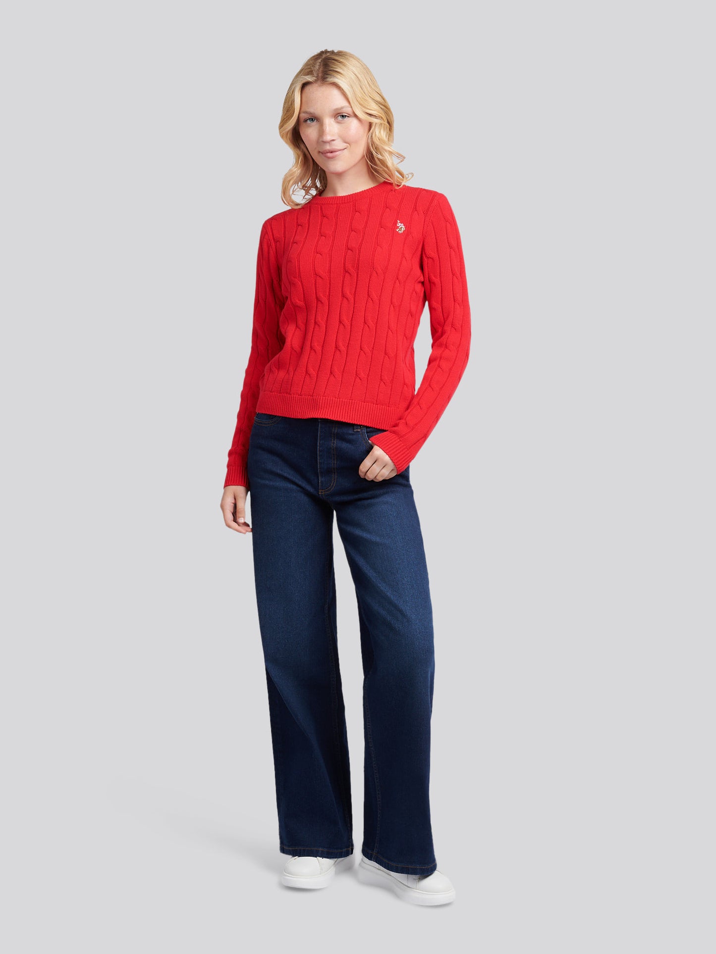 Womens Crew Neck Cable Jumper in Jalapeno Red