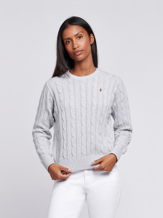 Womens Crew Neck Cable Jumper Pearl Grey Marl