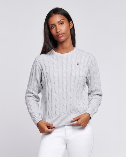 Womens Crew Neck Cable Jumper Pearl Grey Marl
