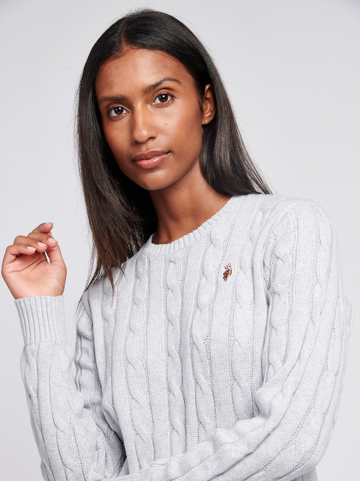 Womens Crew Neck Cable Jumper Pearl Grey Marl