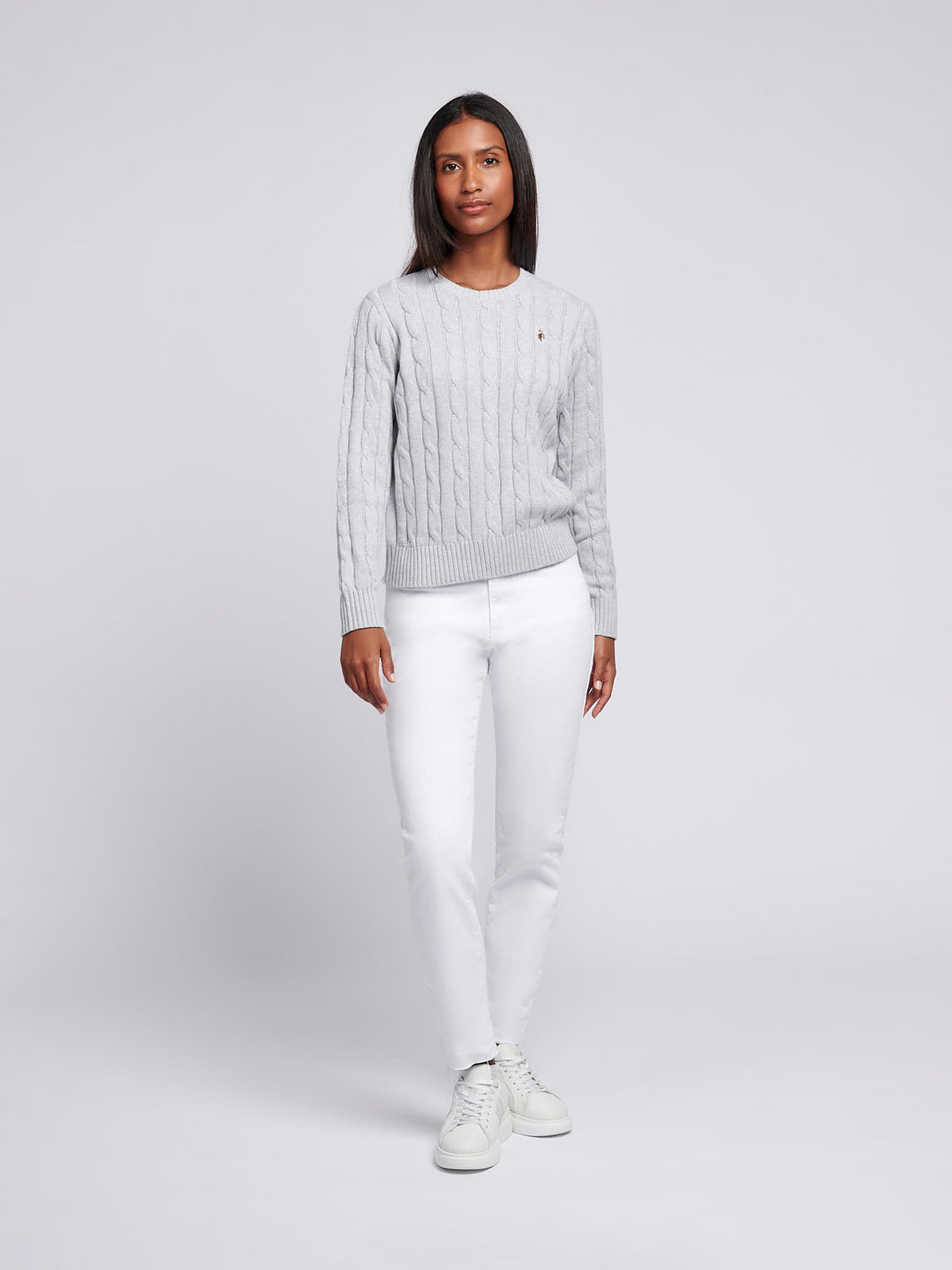Womens Crew Neck Cable Jumper Pearl Grey Marl