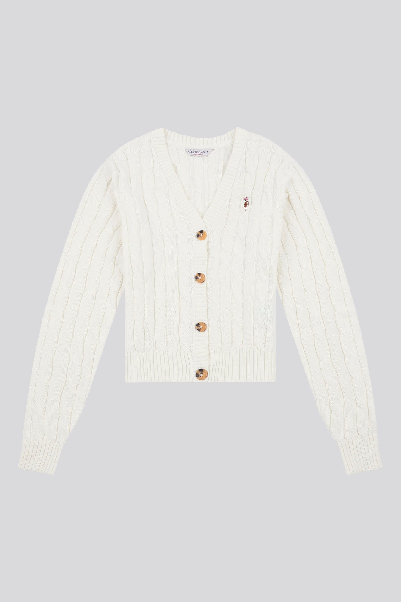 U.S. Polo Assn. Womens Cable Knit Cropped Cardigan in Marshmallow