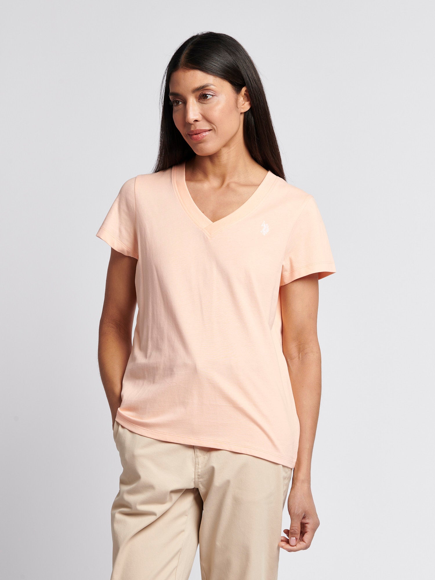 Womens V-Neck T-Shirt in Peach Nectar