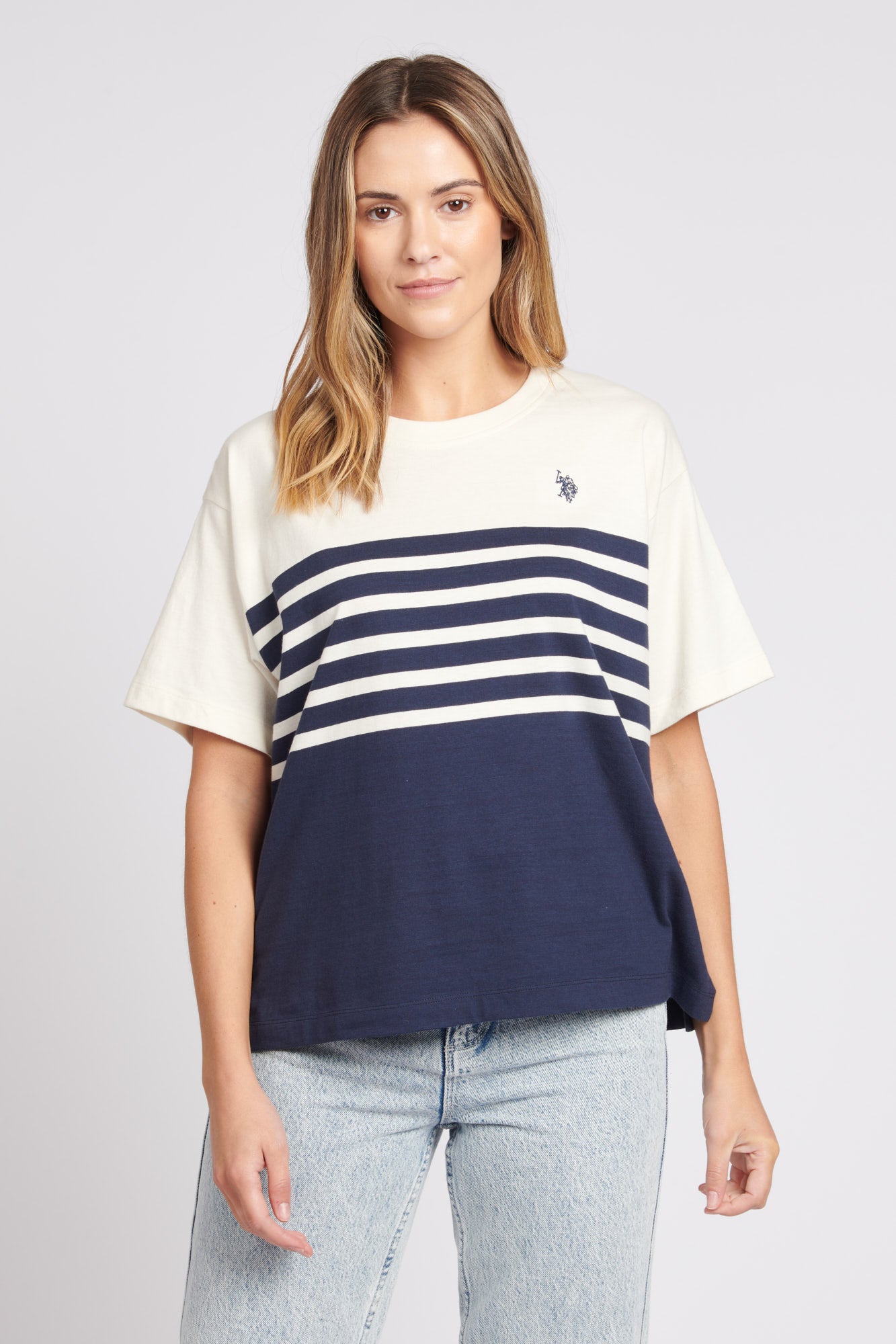 Womens Contrast Stripe Crew T-Shirt in Egret