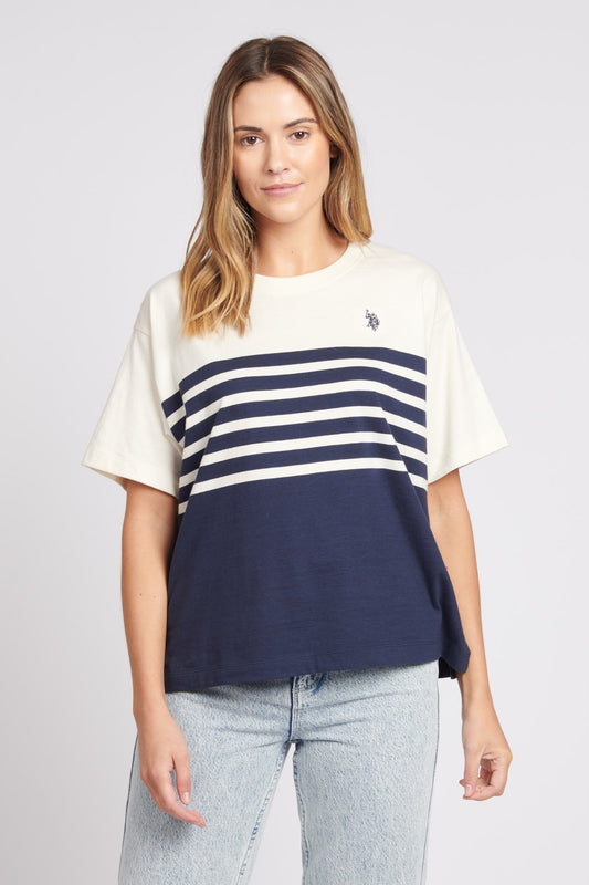 Womens Contrast Stripe Crew T-Shirt in Egret