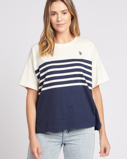 Womens Contrast Stripe Crew T-Shirt in Egret