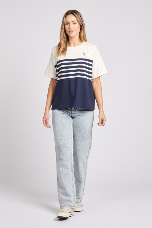 Womens Contrast Stripe Crew T-Shirt in Egret