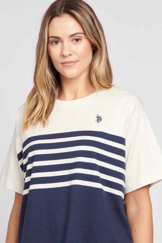 Womens Contrast Stripe Crew T-Shirt in Egret