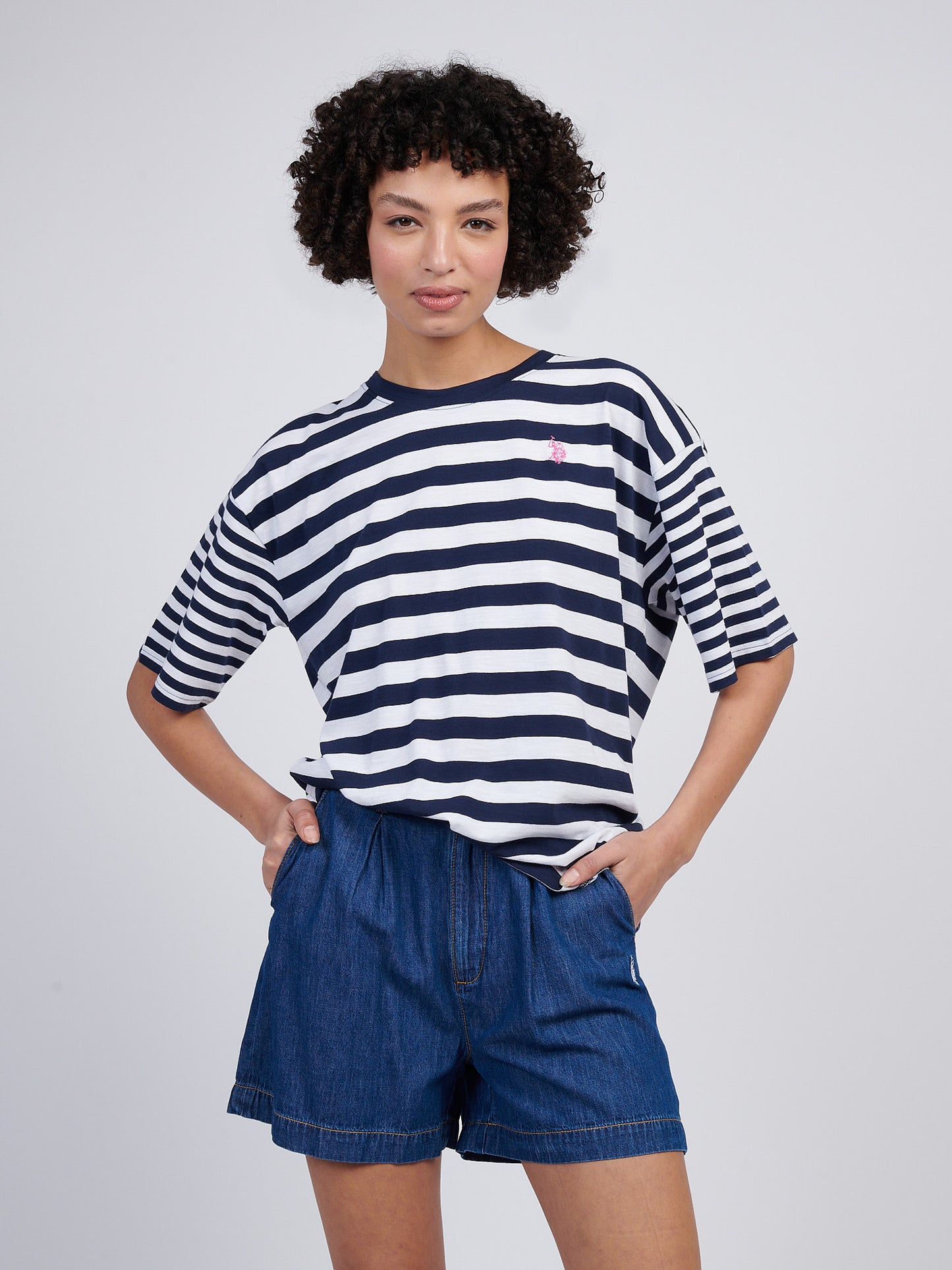Womens Slub Mixed Stripe Loose T-Shirt in Navy Iris