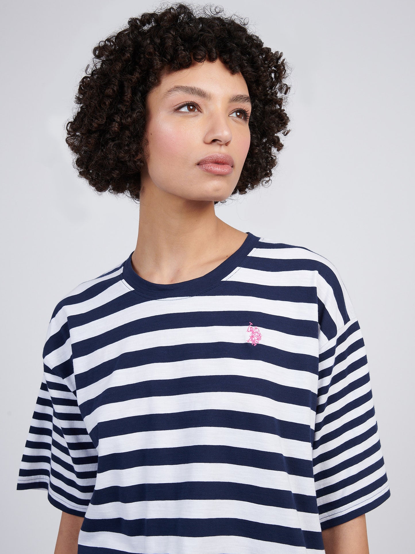 Womens Slub Mixed Stripe Loose T-Shirt in Navy Iris