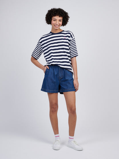 Womens Slub Mixed Stripe Loose T-Shirt in Navy Iris