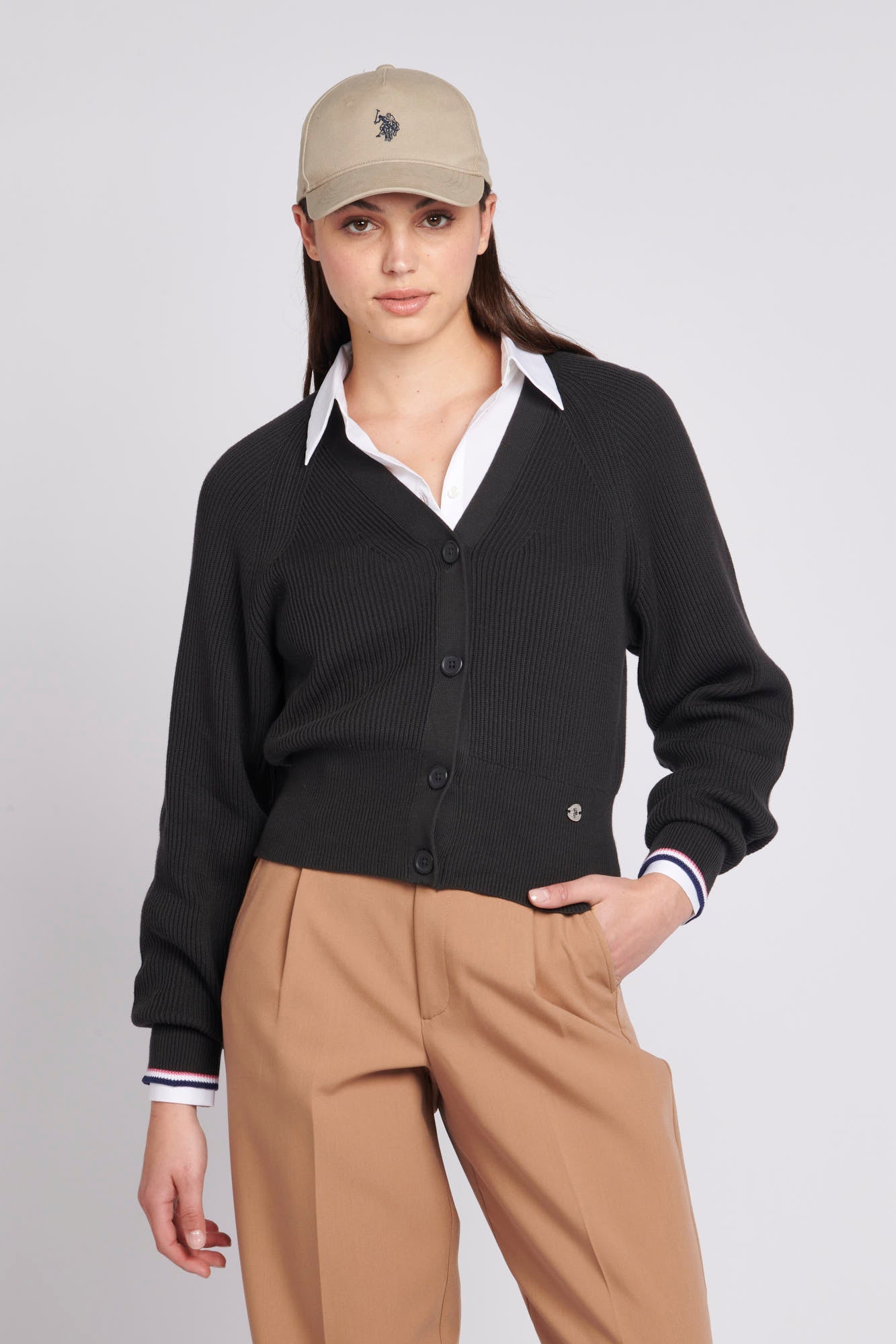 U.S. Polo Assn. Womens Cropped Ribbed Cardigan in Obsidian