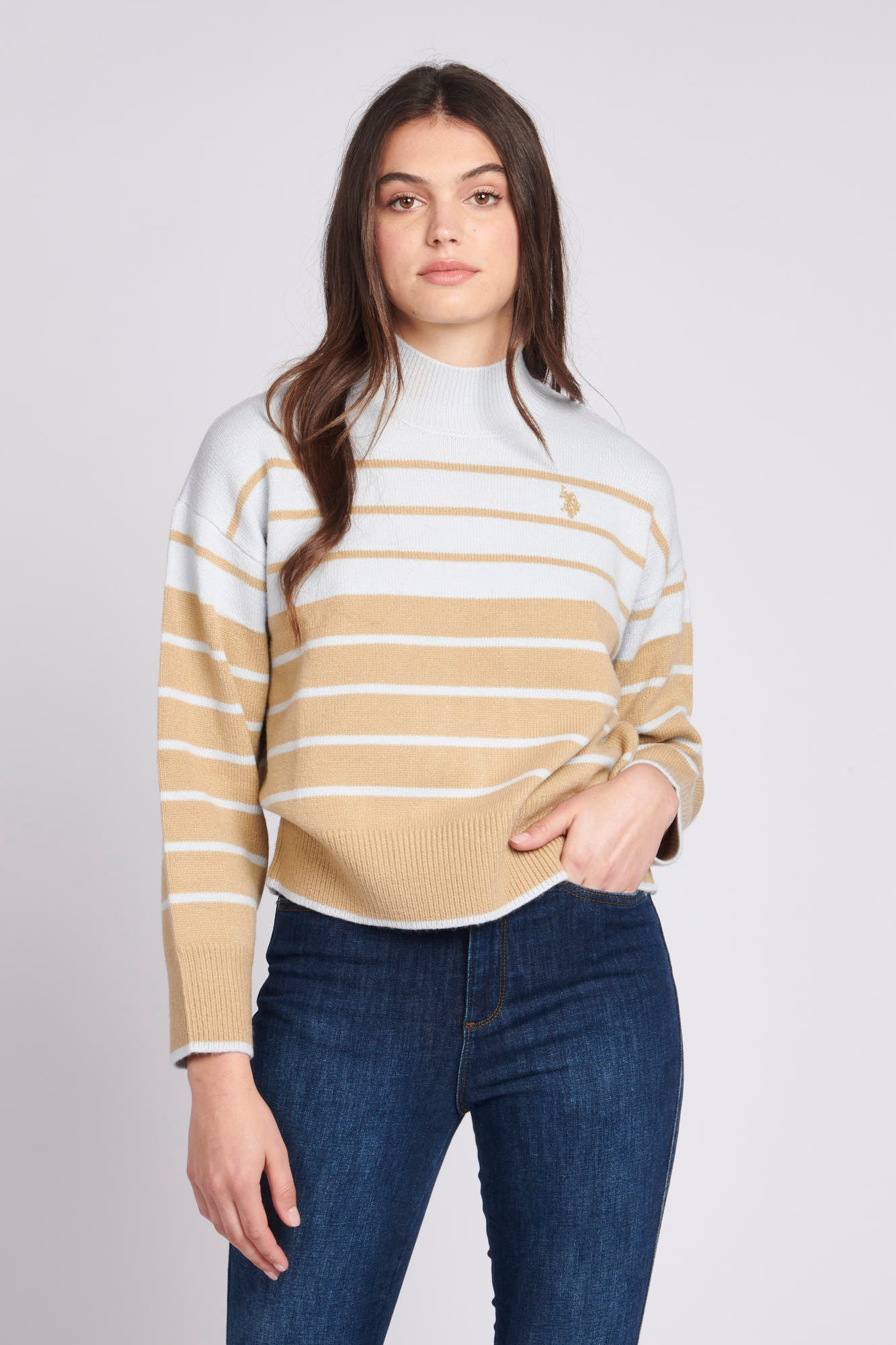 U.S. Polo Assn. Womens Colour Block Stripe Jumper in Arctic Ice