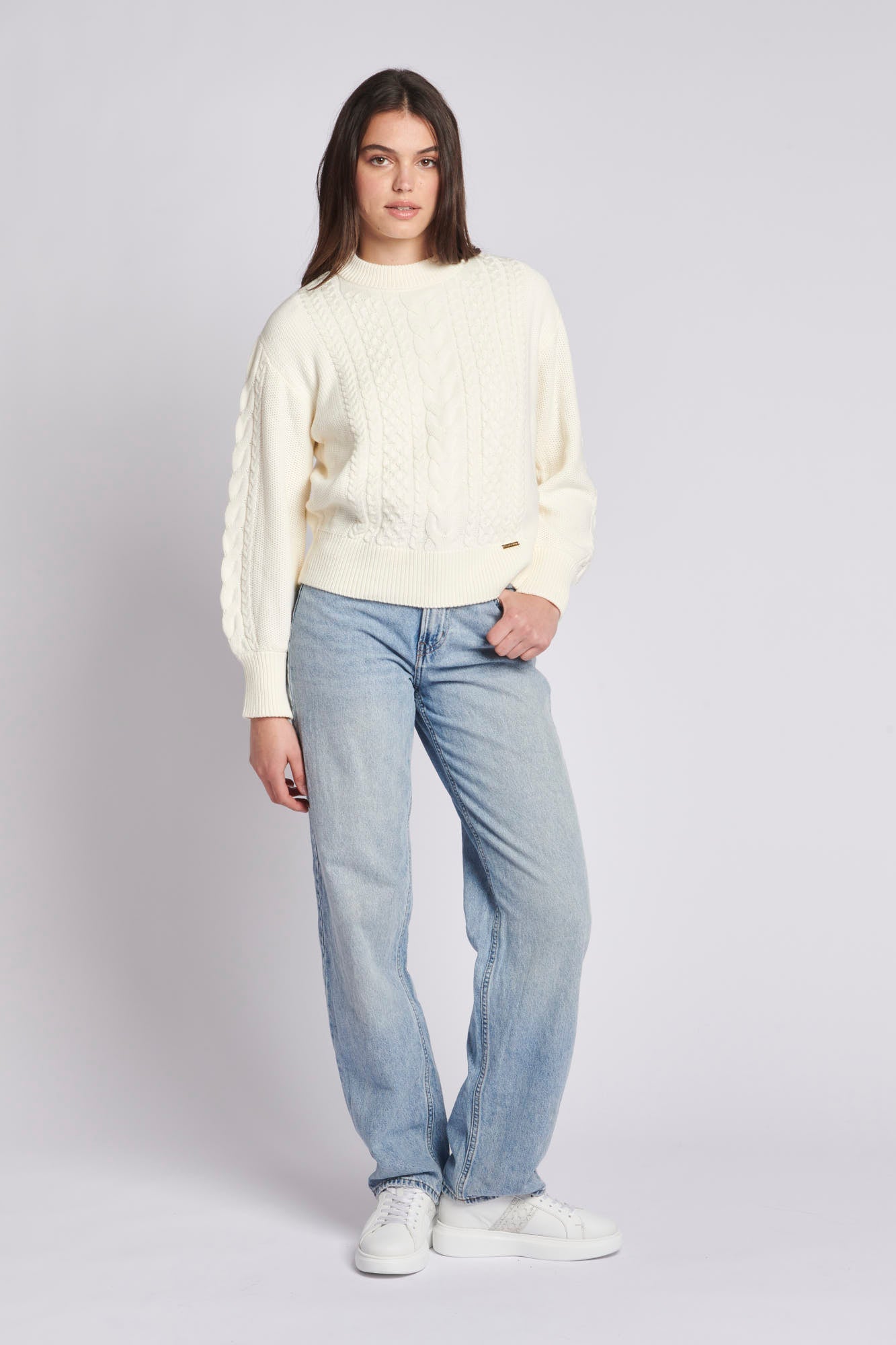 Womens Multi Cable Knit Jumper in Egret