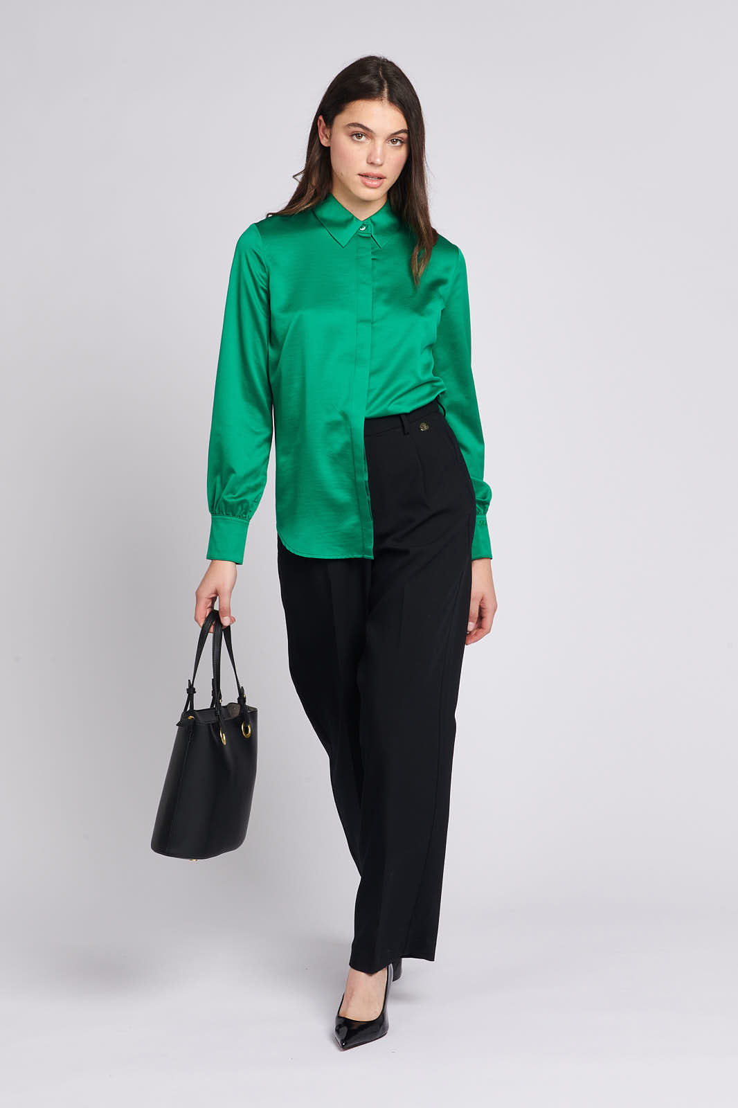 Womens Long Sleeve Satin Shirt in Ultramarine Green