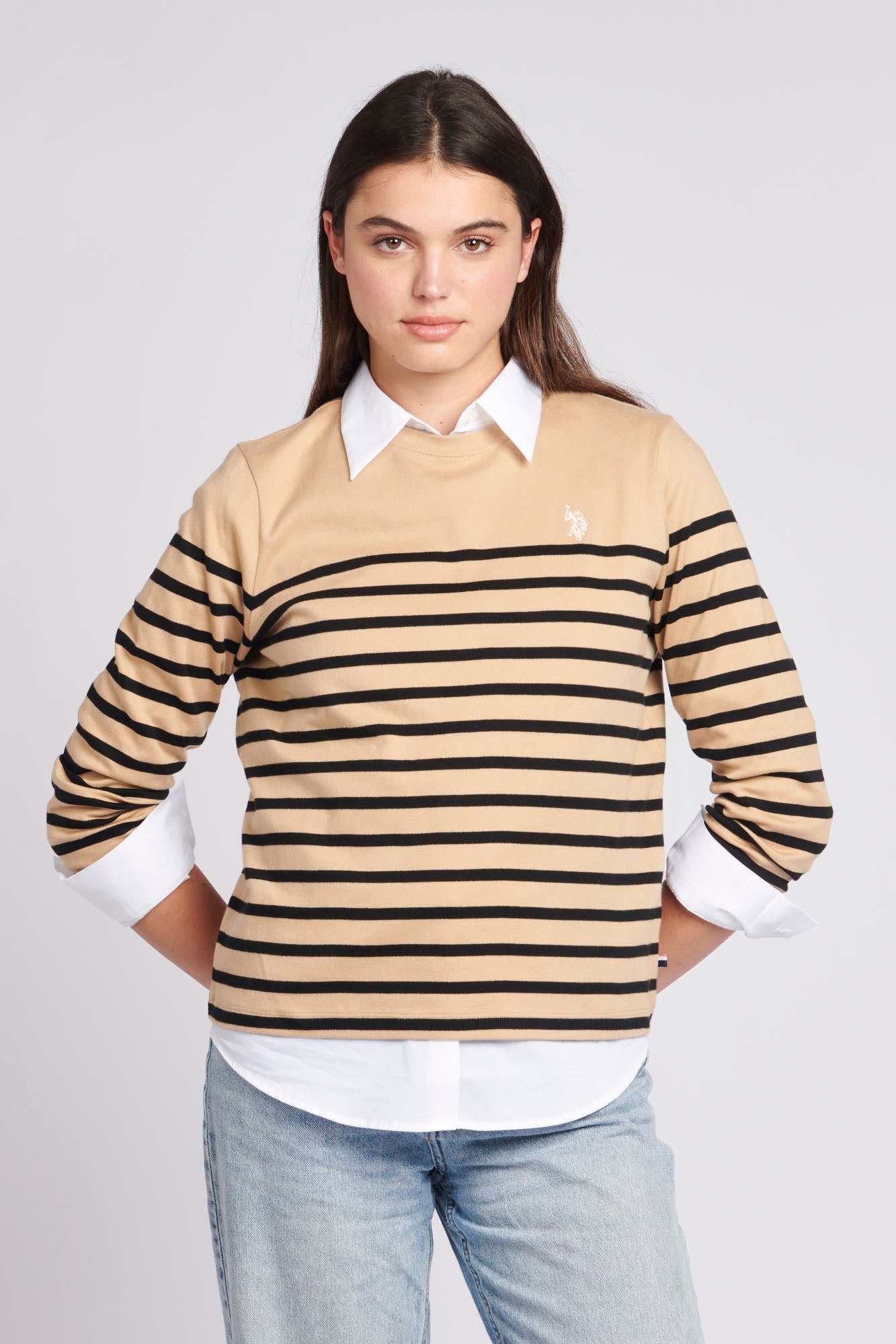 U.S. Polo Assn. Womens Stripe Long Sleeve T-Shirt With Tipping in Sesame