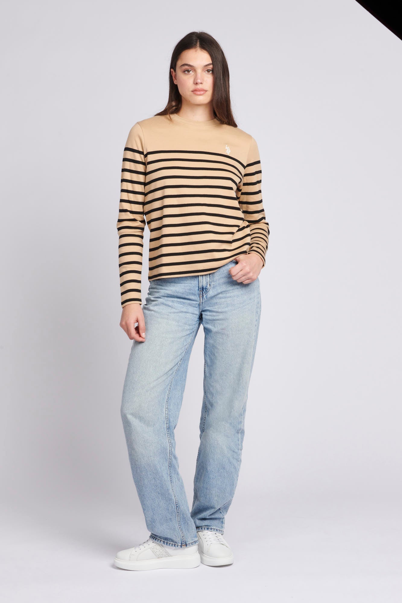 Womens Stripe Long Sleeve T-Shirt With Tipping in Sesame