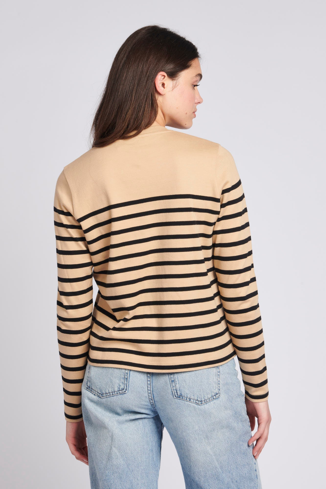 Womens Stripe Long Sleeve T-Shirt With Tipping in Sesame