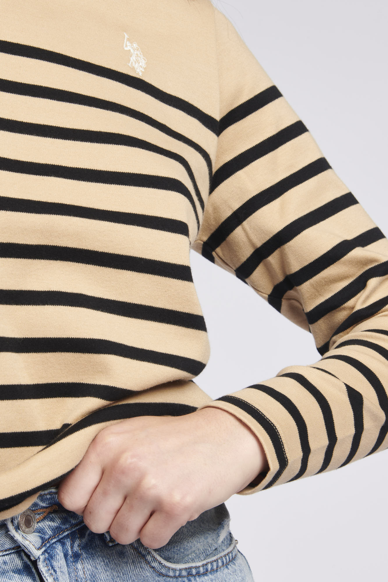 Womens Stripe Long Sleeve T-Shirt With Tipping in Sesame