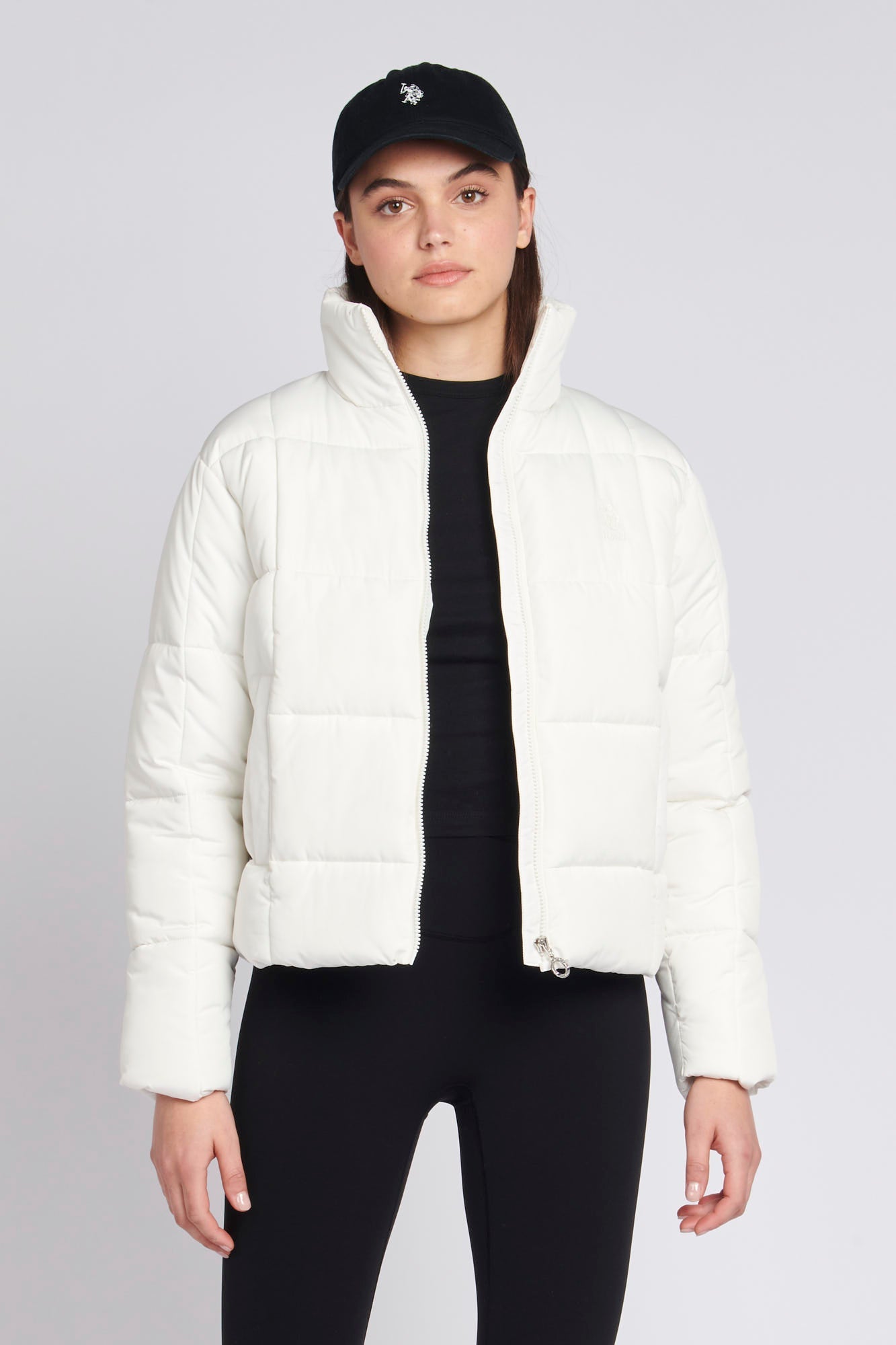 U.S. Polo Assn. Womens Square Quilt Cropped Puffer Coat in Egret