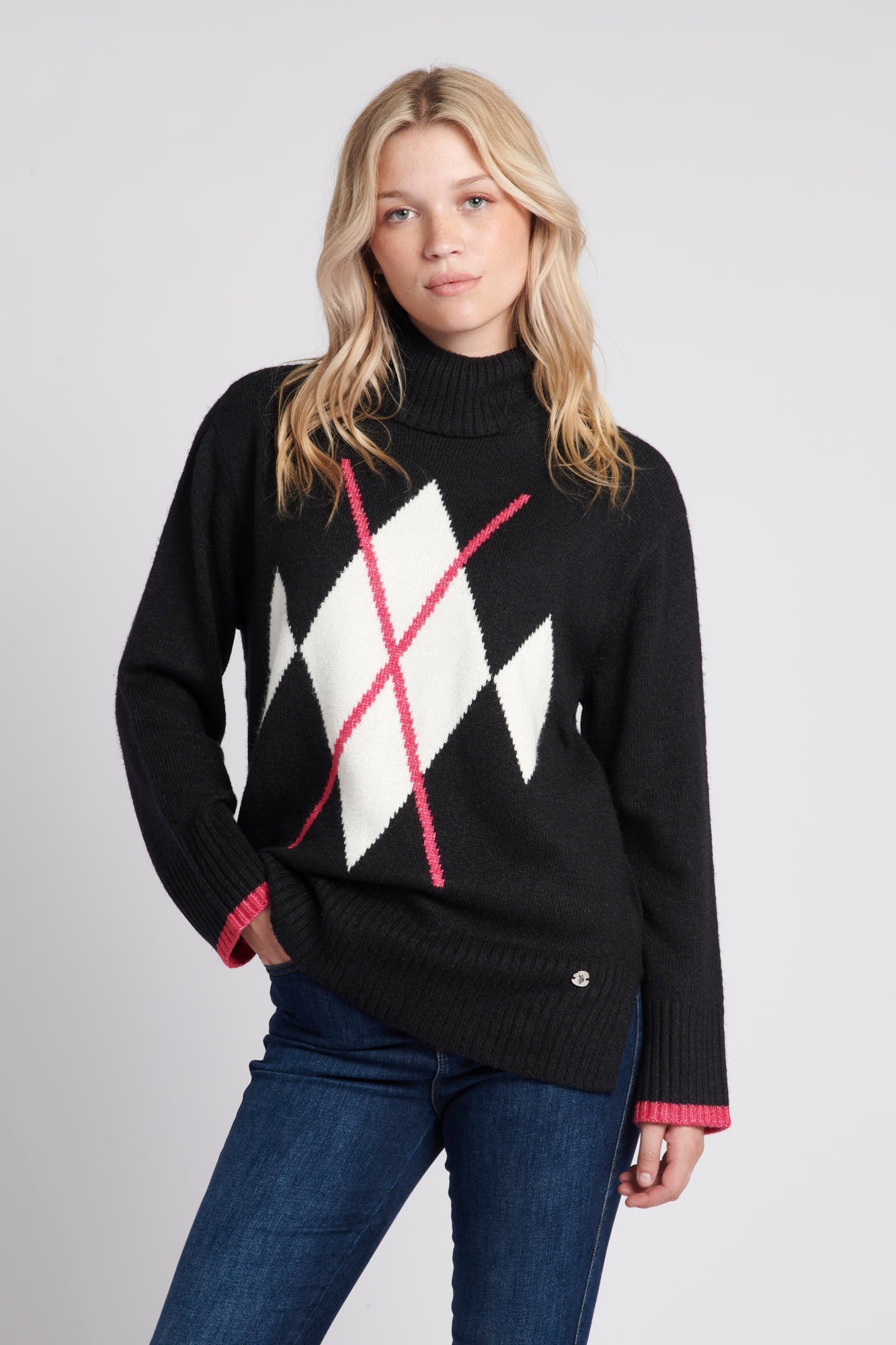 U.S. Polo Assn. Womens Argyle Roll Neck Knitted Jumper in Black