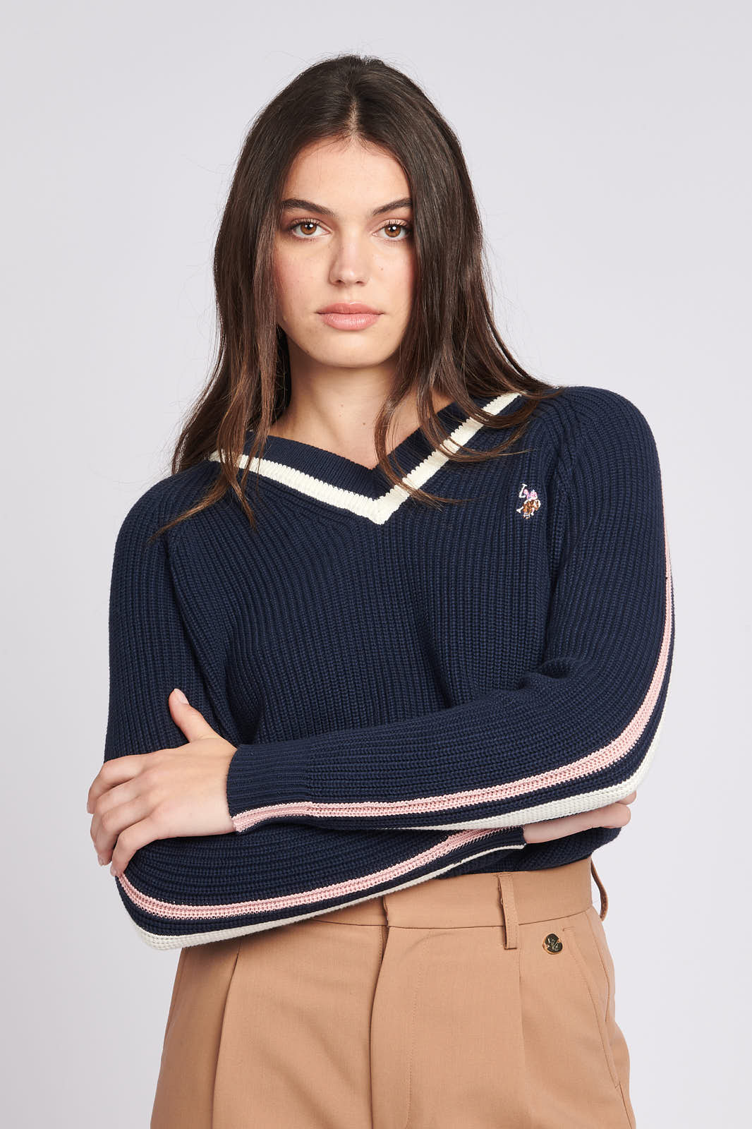 U.S. Polo Assn. Womens Tri Stripe Knitted Cricket Jumper in Navy Blue