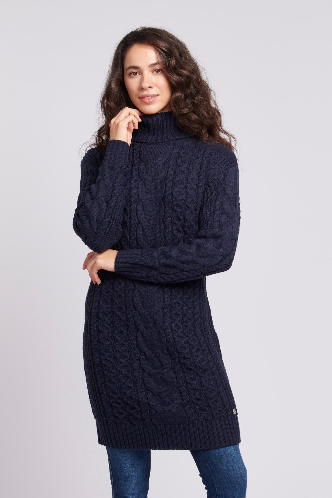 Womens Mixed Cable Knit Dress in Navy Blue