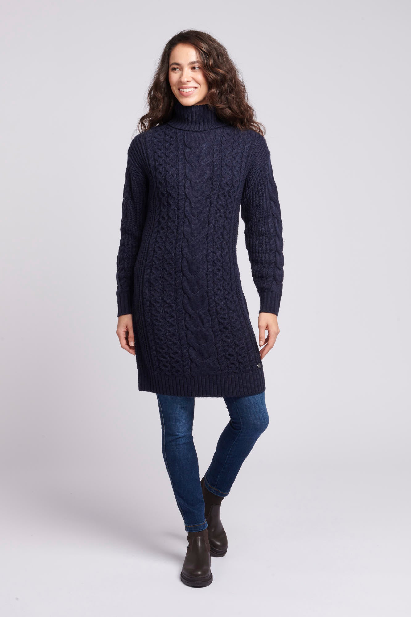 Womens Mixed Cable Knit Dress in Navy Blue