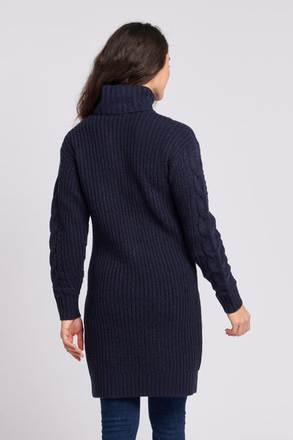 Womens Mixed Cable Knit Dress in Navy Blue