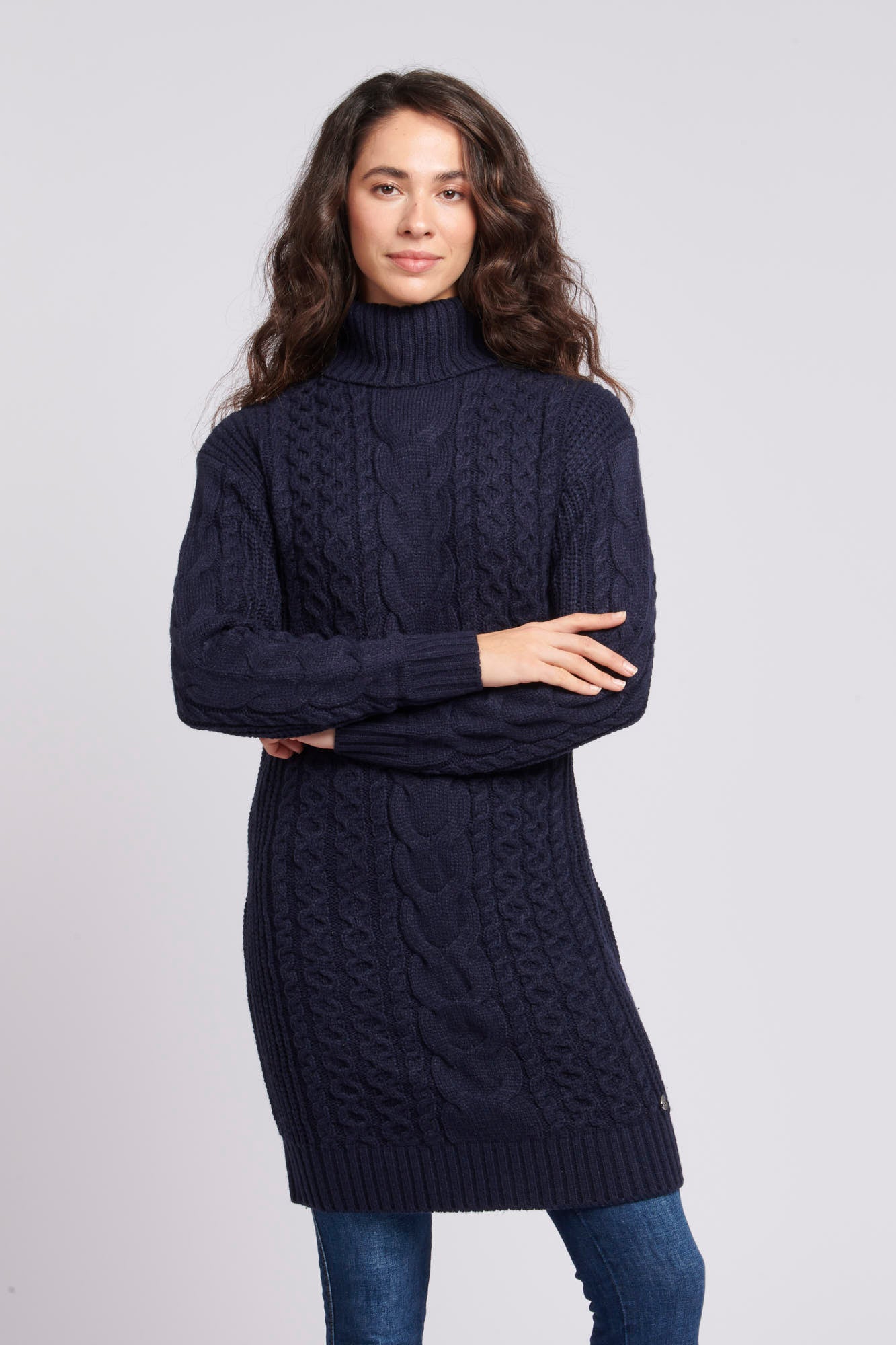 Womens Mixed Cable Knit Dress in Navy Blue