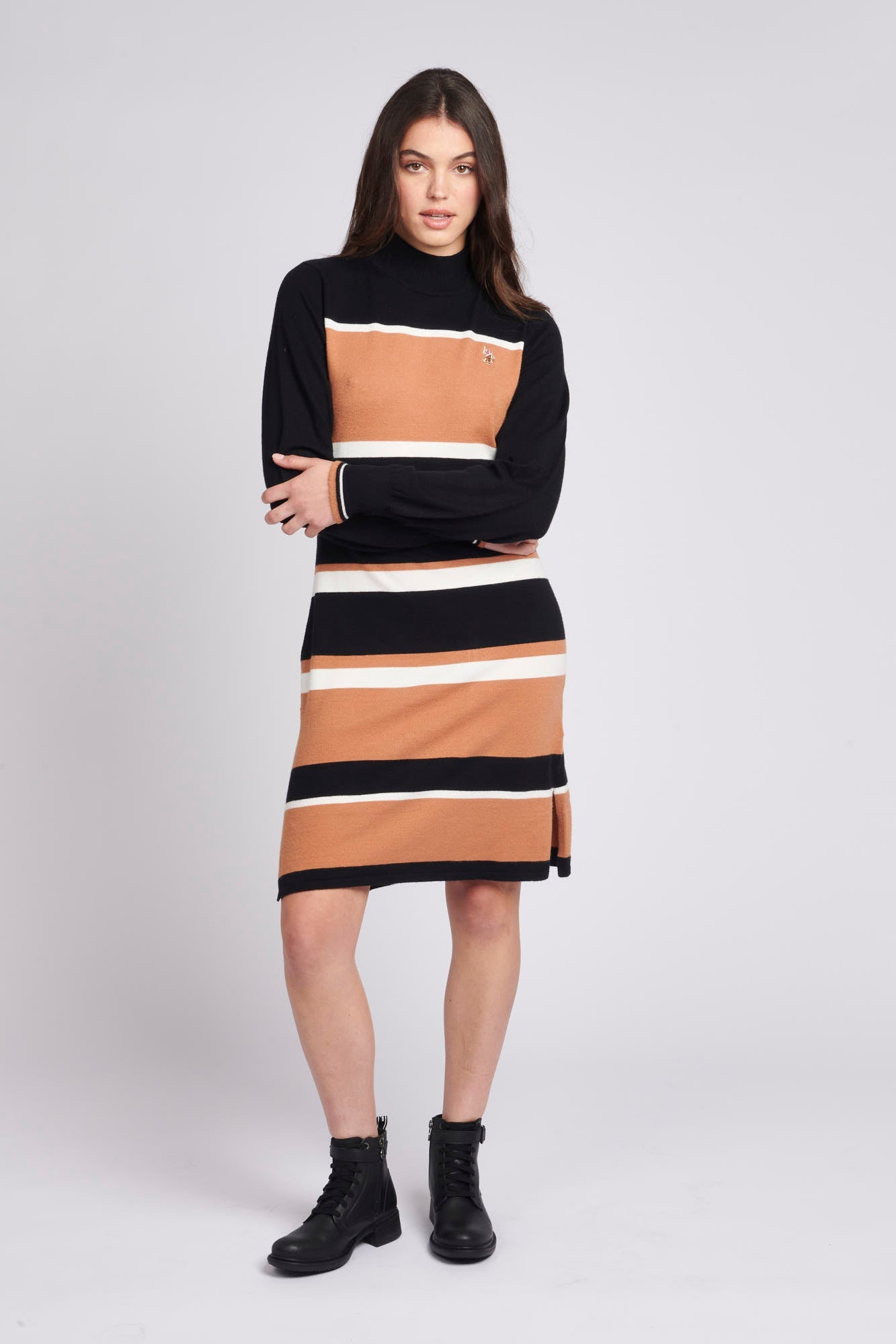 U.S. Polo Assn. Womens Stripe Split Hem Knit Dress in Black