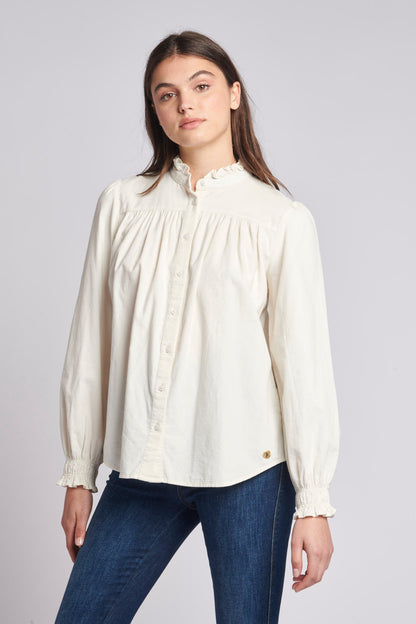 U.S. Polo Assn. Womens Cord Ruffle Neck Shirt in Egret