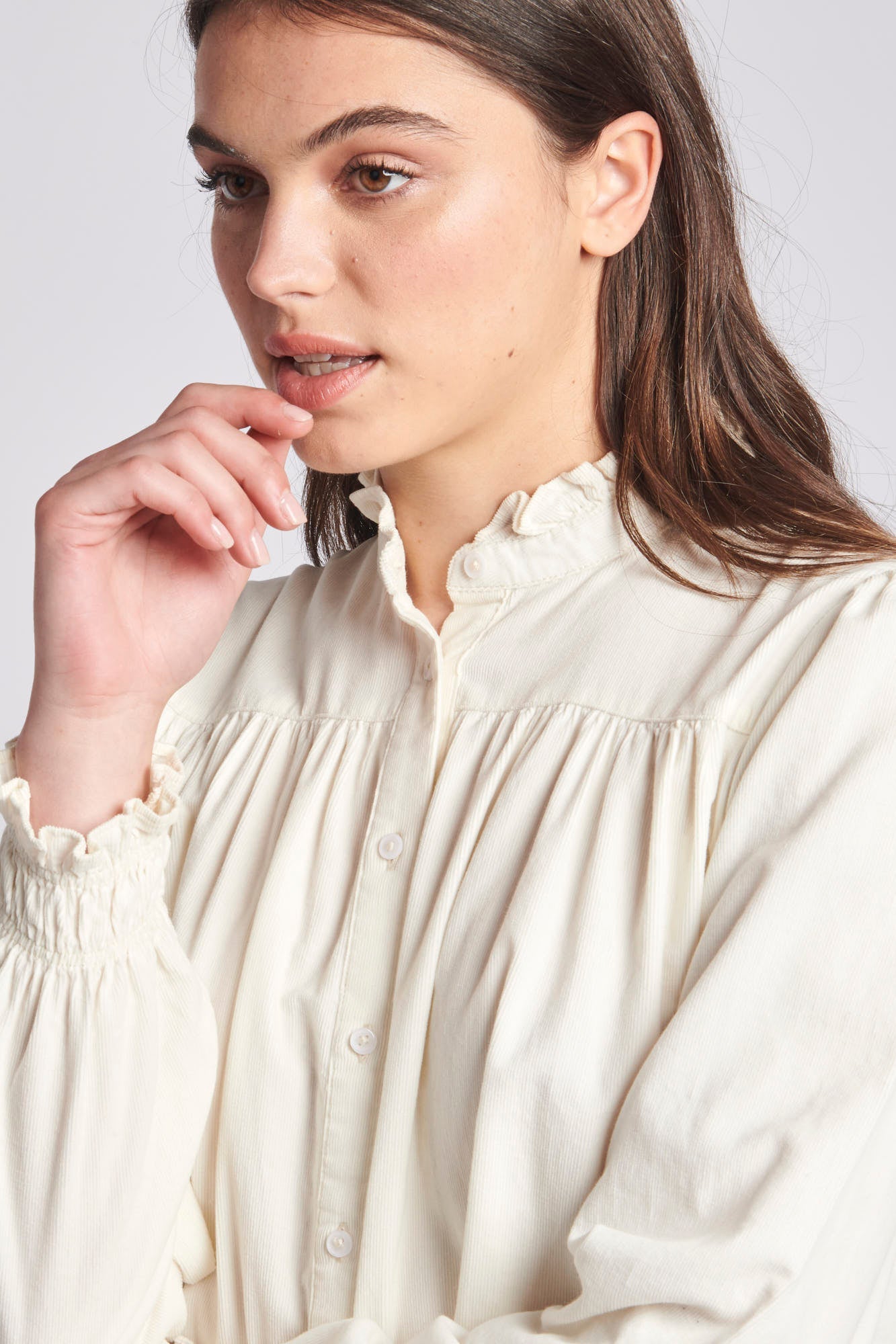 Womens Cord Ruffle Neck Shirt in Egret