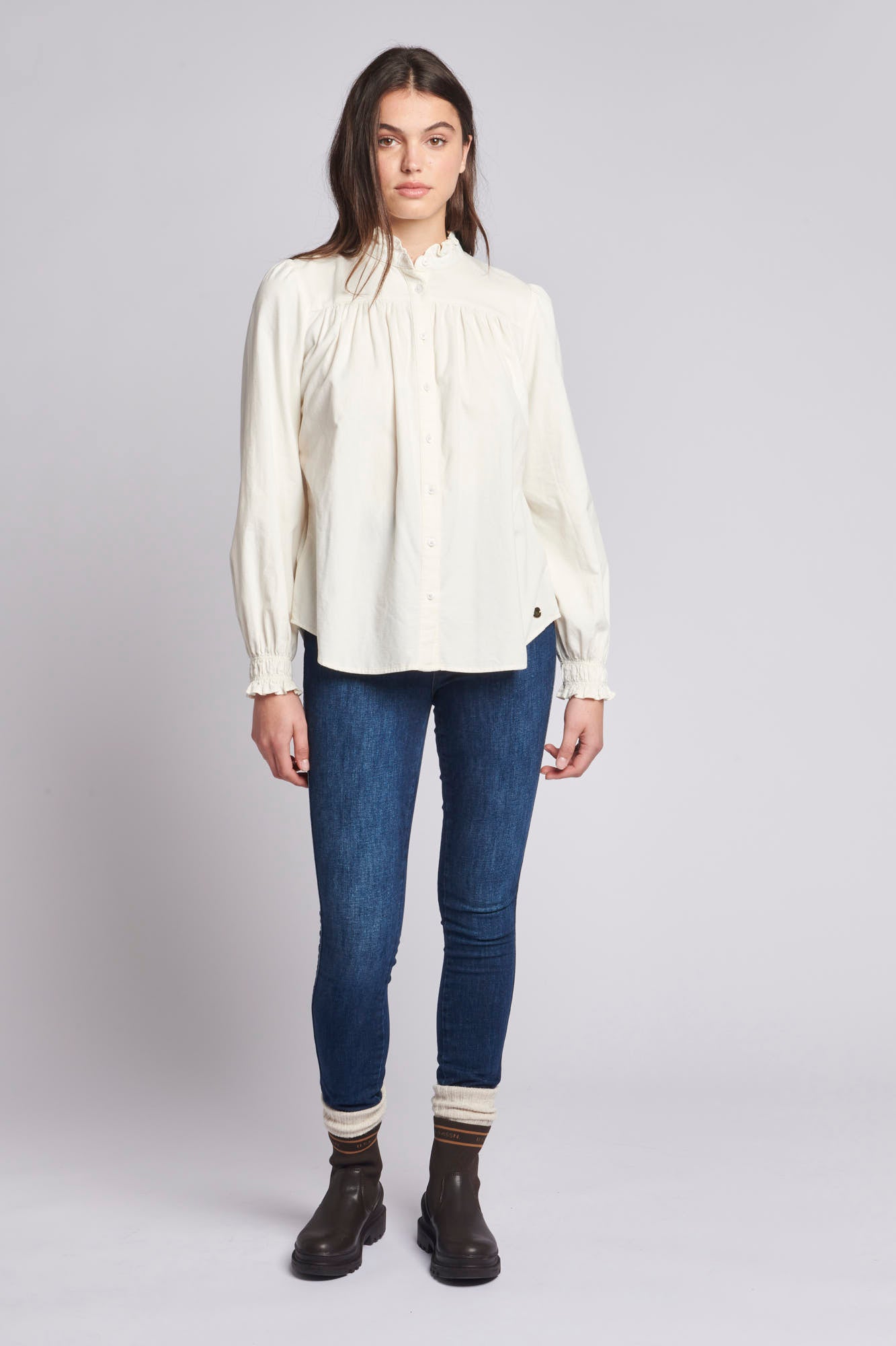 Womens Cord Ruffle Neck Shirt in Egret