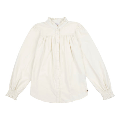 Womens Cord Ruffle Neck Shirt in Egret