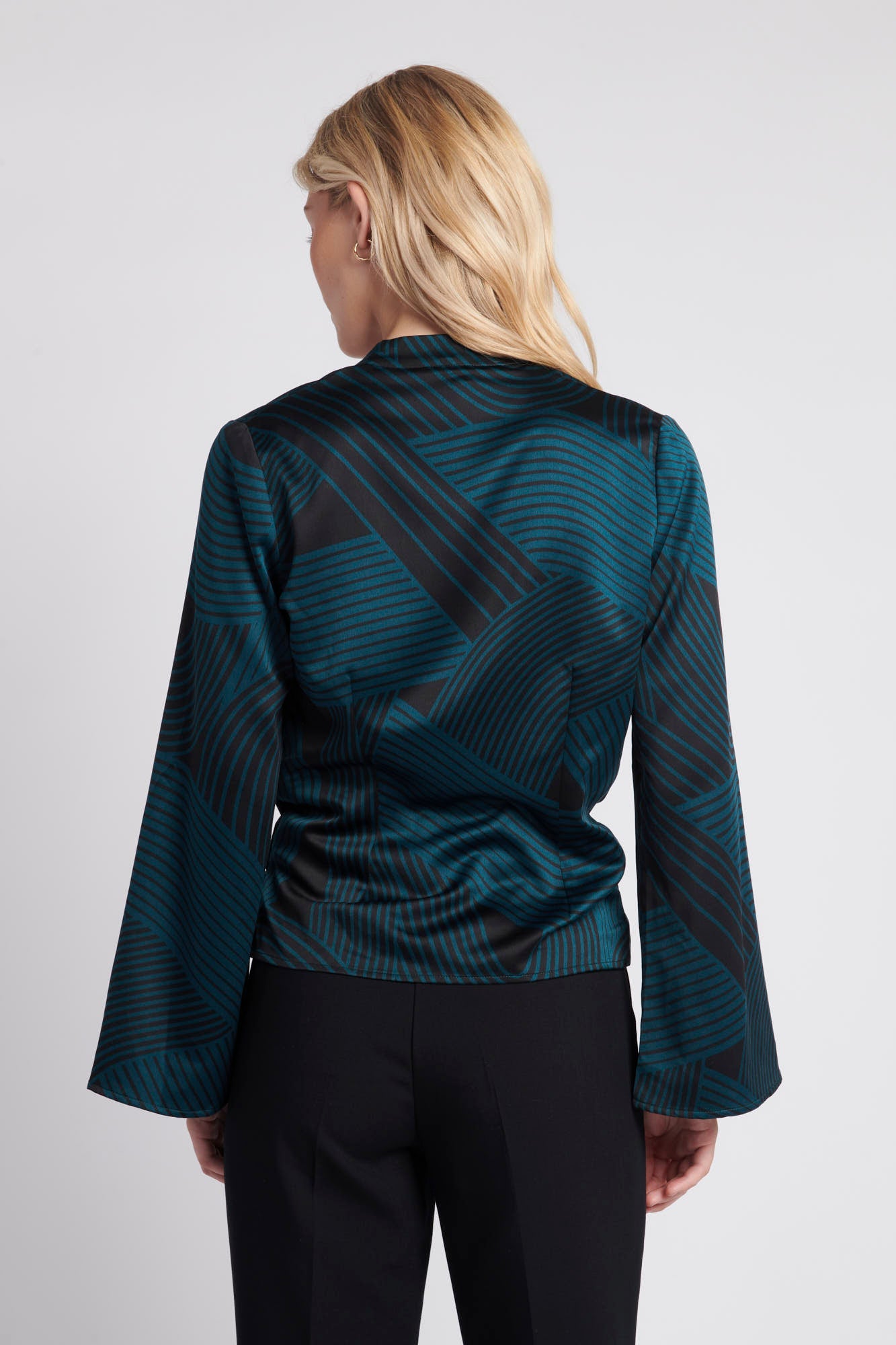 Womens Abstract Stripe Satin Wrap Shirt in Deep Teal