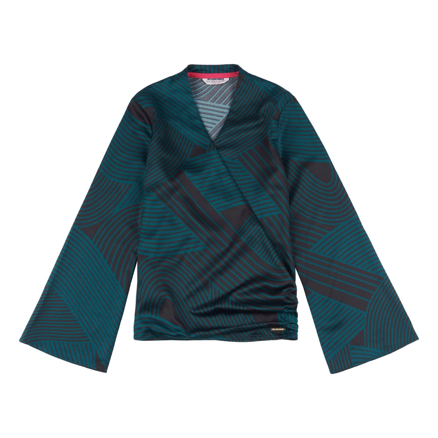 Womens Abstract Stripe Satin Wrap Shirt in Deep Teal