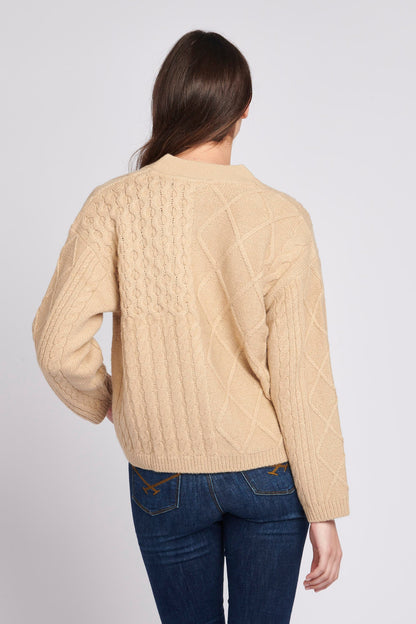 Womens Patchwork Cable Knit Cardigan in Sesame