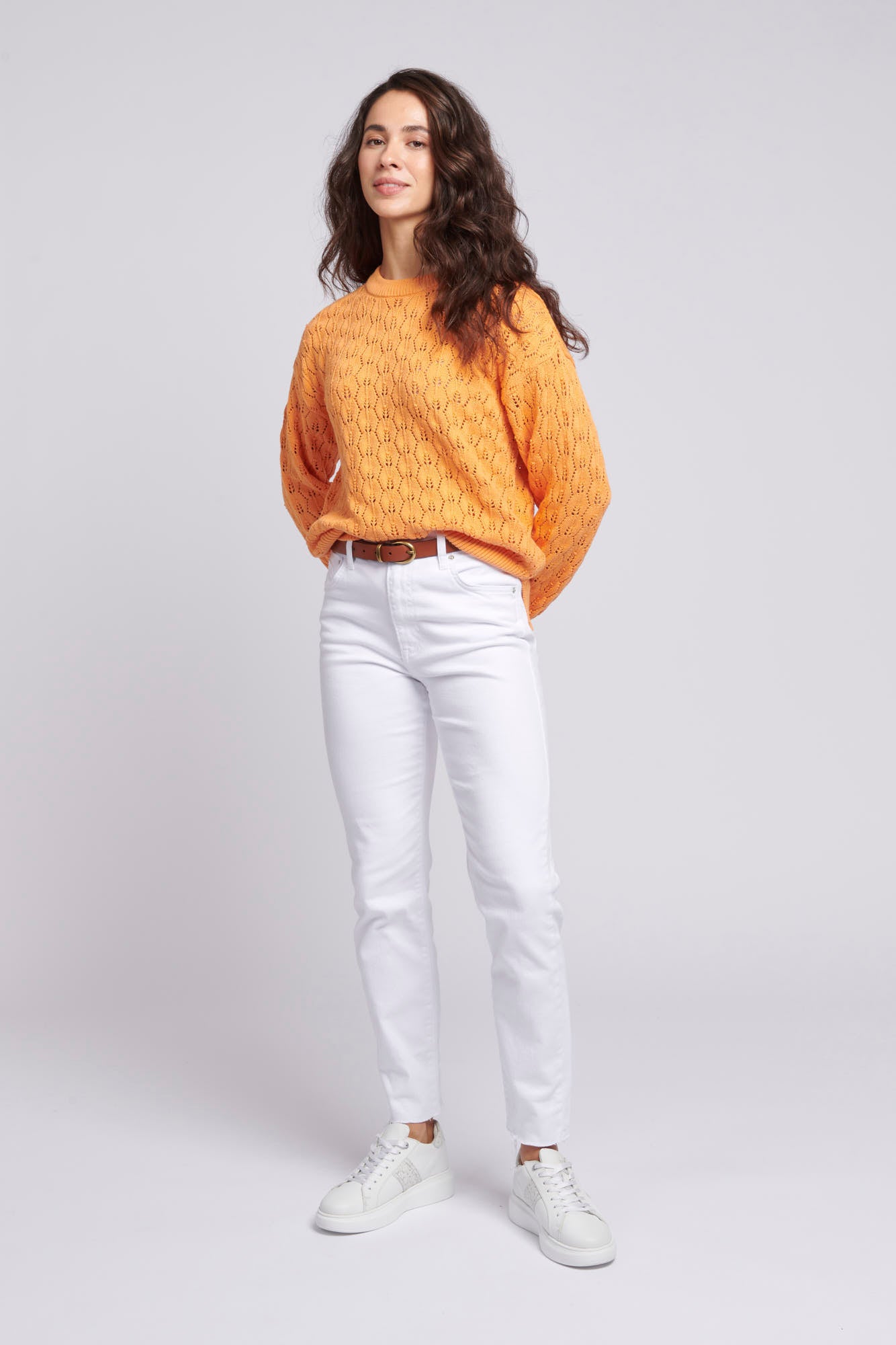 Womens Regular Fit Pointelle Knit Jumper in Mock Orange