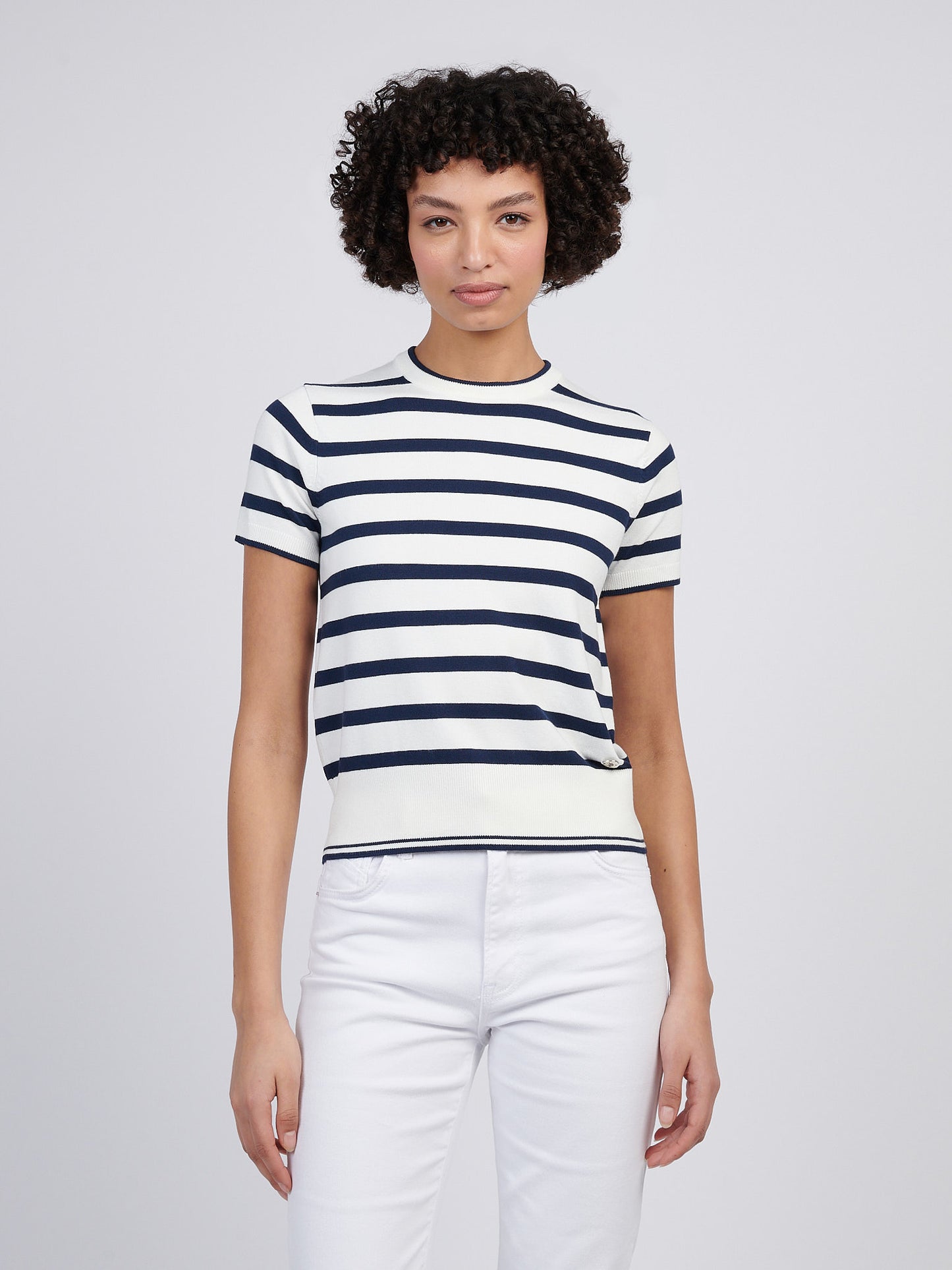 Womens Stripe Crew Neck Short Sleeve Jumper in Marshmallow