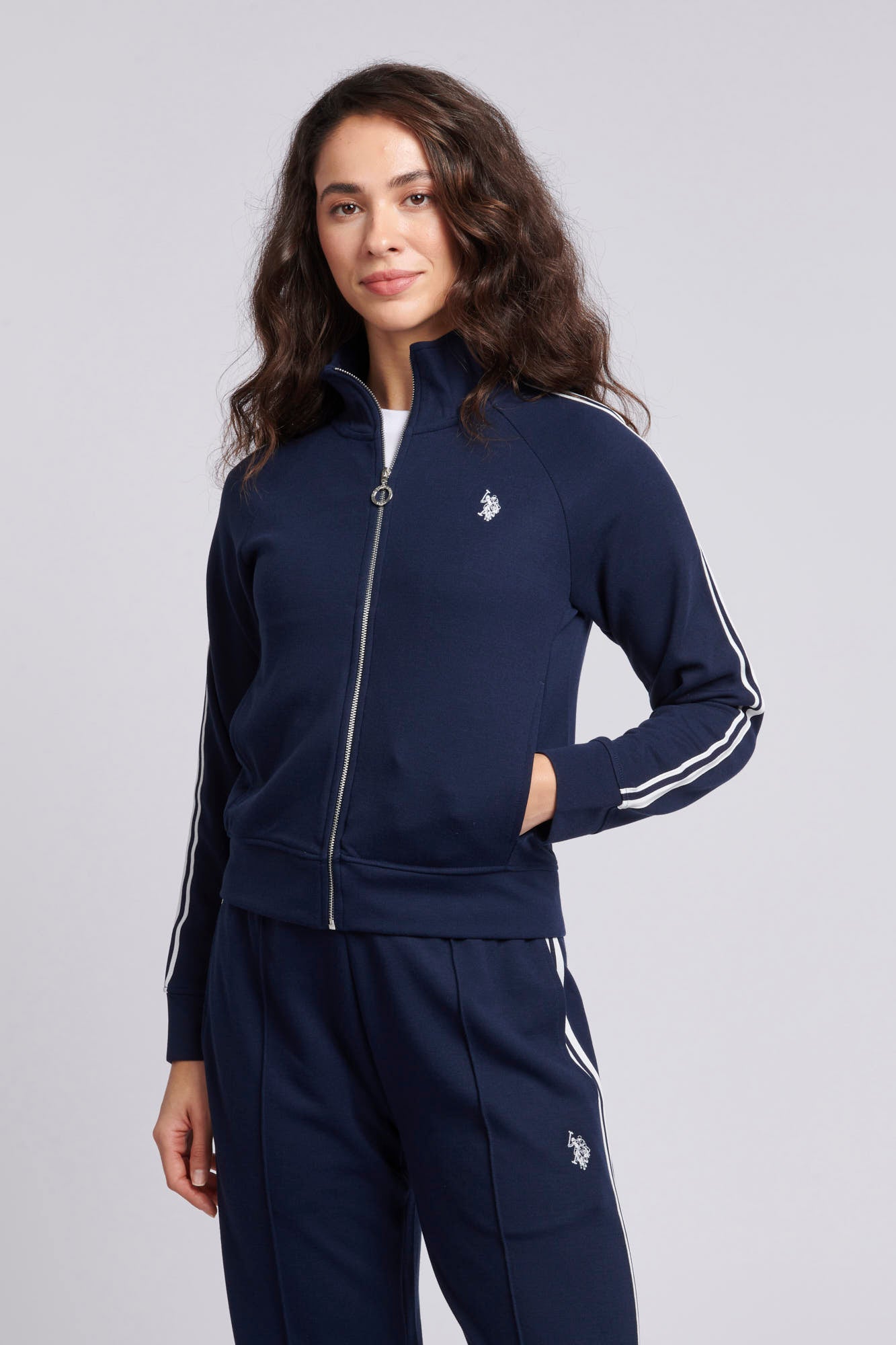 U.S. Polo Assn. Womens Tri Stripe Zip Through Tracksuit Top in Navy Iris